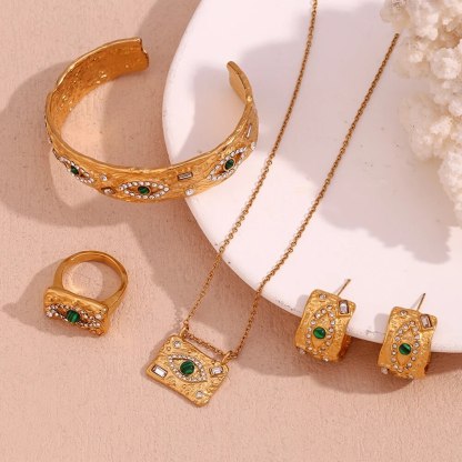 Malachite Eye Beat Pattern Water Diamond Open Bracelet 18K Gold Plated Ring vintage Set | Mix Mix Style [Hot Seller]-Mix MIx Style