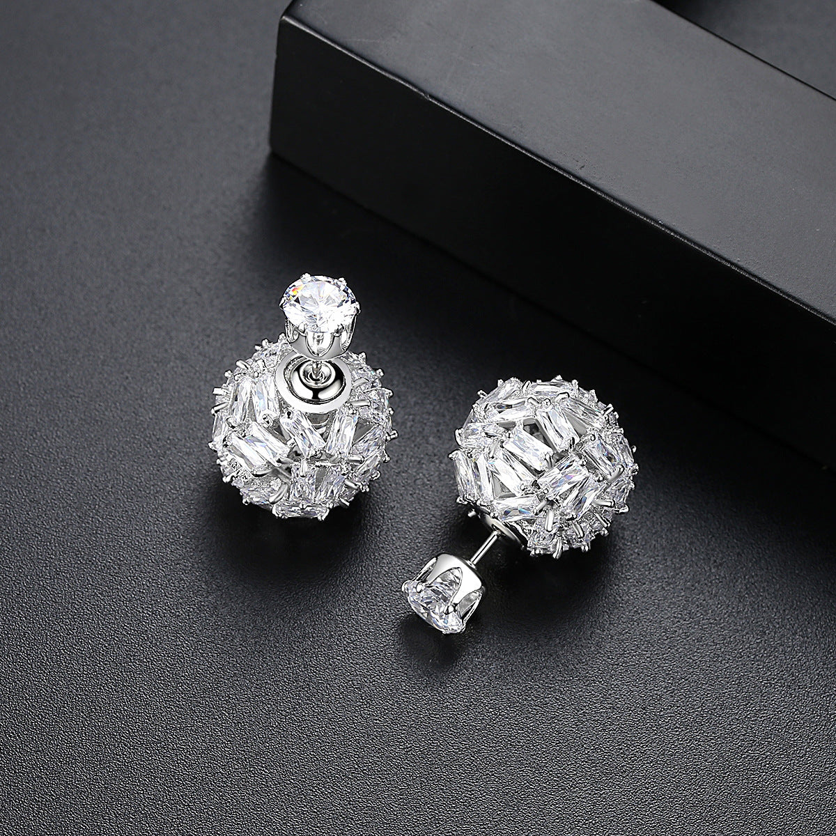 Black - White Ball Shaped Classic Moissanite Diamonds Luxury 18k White Gold Plated Vintage Retro Stud Earrings | Mix Mix Style-Mix MIx Style