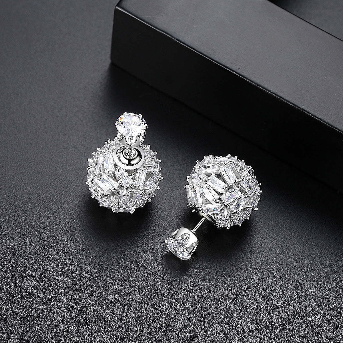 Black - White Ball Shaped Classic Moissanite Diamonds Luxury 18k White Gold Plated Vintage Retro Stud Earrings | Mix Mix Style-Mix MIx Style