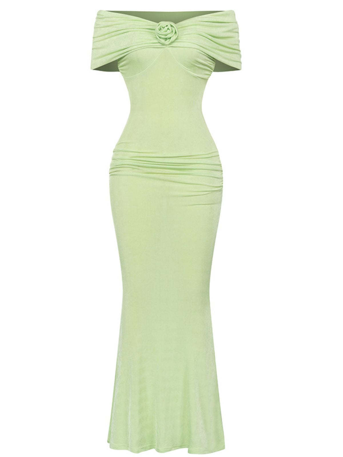 Green Off Shoulder Ruched Maxi Dress | Mix Mix Style [Hot Seller]-Mix MIx Style