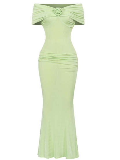 Green Off Shoulder Ruched Maxi Dress | Mix Mix Style [Hot Seller]-Mix MIx Style