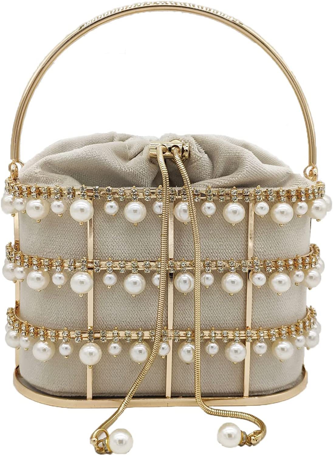 Synthetic Pearl Handle Women Metal Bucket Bag Crystal Evening Purses and Clutches Formal Wedding Handbags | Mix Mix Style [Hot Seller]-Mix MIx Style
