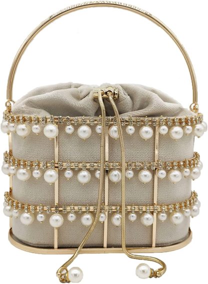 Synthetic Pearl Handle Women Metal Bucket Bag Crystal Evening Purses and Clutches Formal Wedding Handbags | Mix Mix Style [Hot Seller]-Mix MIx Style