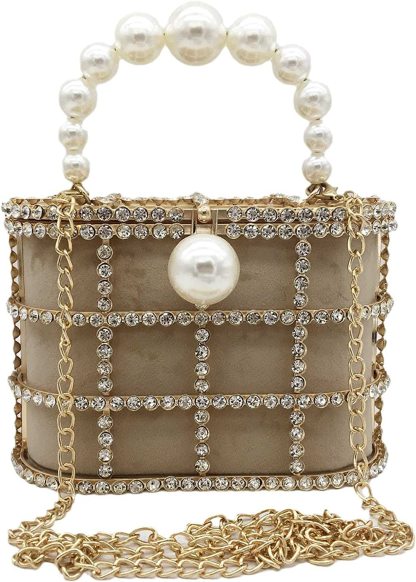 Synthetic Pearl Handle Women Metal Bucket Bag Crystal Evening Purses and Clutches Formal Wedding Handbags | Mix Mix Style [Hot Seller]-Mix MIx Style