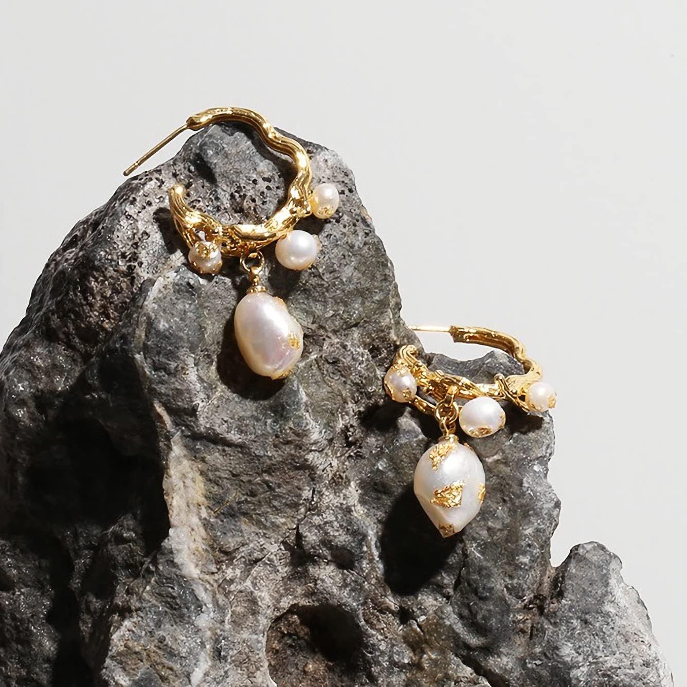 Fluidable Irregular 18K Gold Plated Akoya Pearl, Half Hoop Dangle Drop Earrings | Mix Mix Style [Hot Seller]-Mix MIx Style