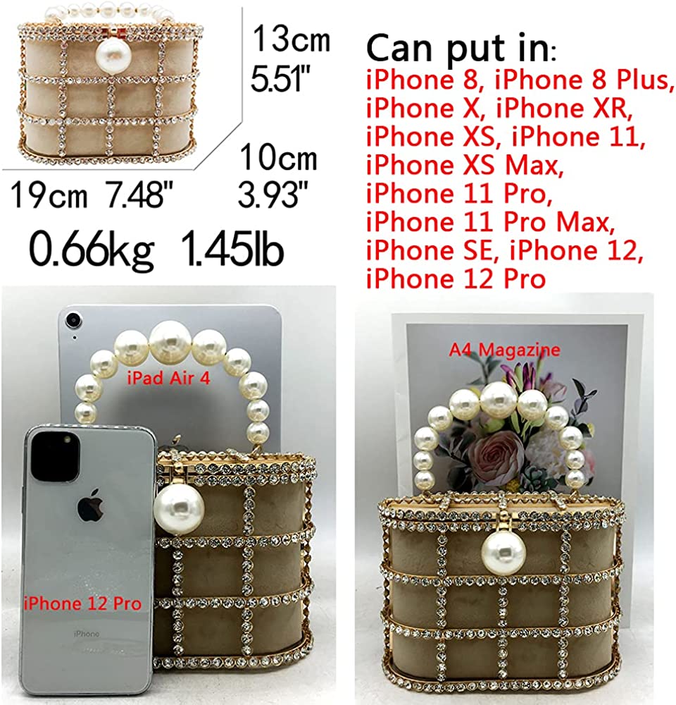 Synthetic Pearl Handle Women Metal Bucket Bag Crystal Evening Purses and Clutches Formal Wedding Handbags | Mix Mix Style [Hot Seller]-Mix MIx Style