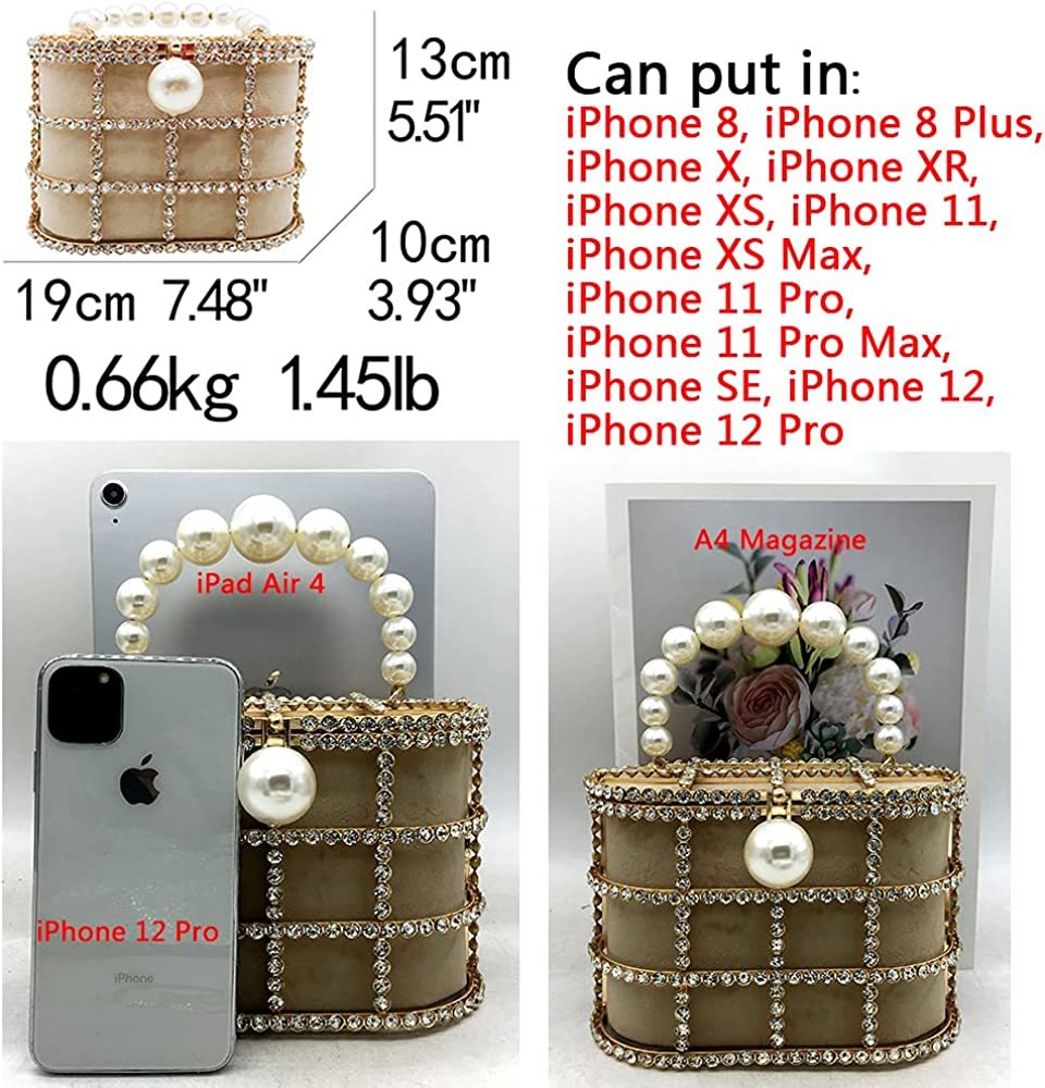 Synthetic Pearl Handle Women Metal Bucket Bag Crystal Evening Purses and Clutches Formal Wedding Handbags | Mix Mix Style [Hot Seller]-Mix MIx Style