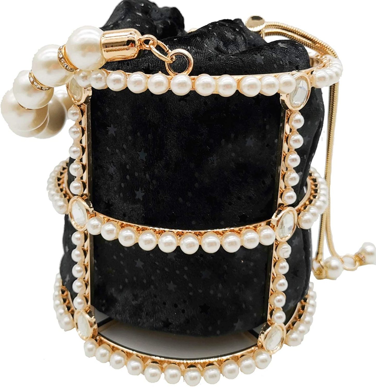 Synthetic Pearl Handle Women Metal Bucket Bag Crystal Evening Purses and Clutches Formal Wedding Handbags | Mix Mix Style [Hot Seller]-Mix MIx Style