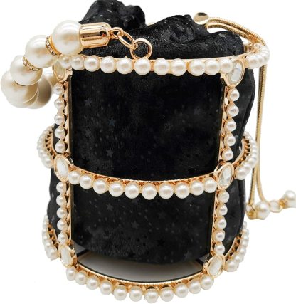 Synthetic Pearl Handle Women Metal Bucket Bag Crystal Evening Purses and Clutches Formal Wedding Handbags | Mix Mix Style [Hot Seller]-Mix MIx Style