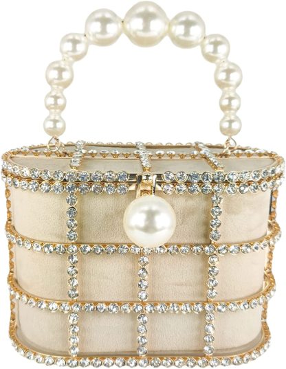 Synthetic Pearl Handle Women Metal Bucket Bag Crystal Evening Purses and Clutches Formal Wedding Handbags | Mix Mix Style [Hot Seller]-Mix MIx Style