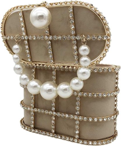 Synthetic Pearl Handle Women Metal Bucket Bag Crystal Evening Purses and Clutches Formal Wedding Handbags | Mix Mix Style [Hot Seller]-Mix MIx Style