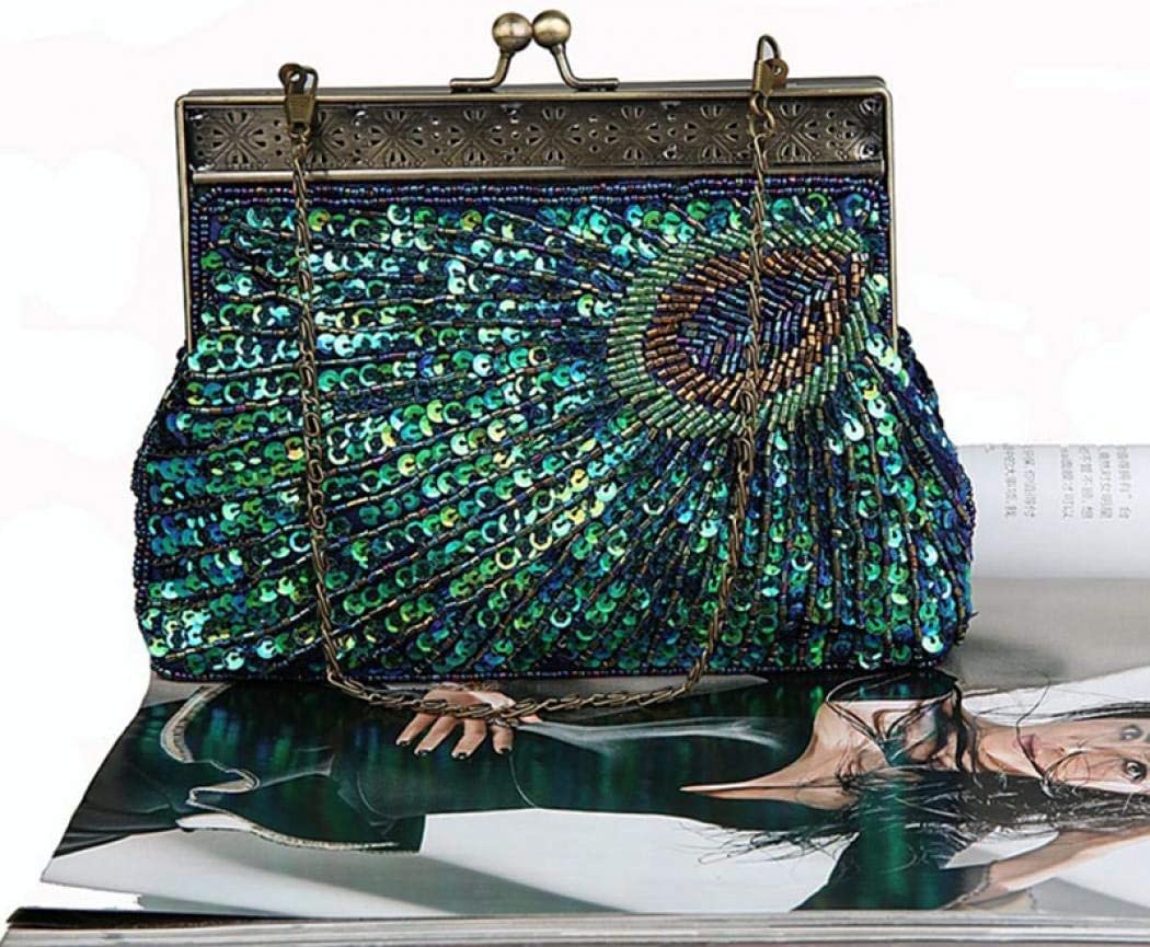 Vintage Sequin Peacock Clutch Bag, Antique Beaded Evening Handbag Clutch Bags, Turquoise Eye Clutches Bag  | Mix Mix Style [Hot Seller]-Mix MIx Style