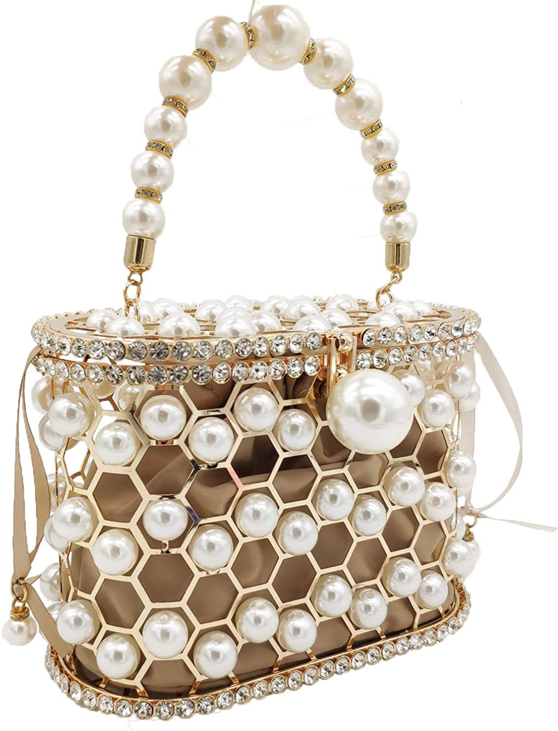 Synthetic Pearl Handle Women Metal Bucket Bag Crystal Evening Purses and Clutches Formal Wedding Handbags | Mix Mix Style [Hot Seller]-Mix MIx Style