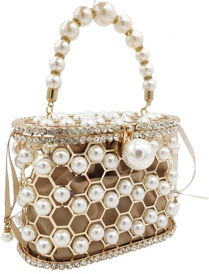 Synthetic Pearl Handle Women Metal Bucket Bag Crystal Evening Purses and Clutches Formal Wedding Handbags | Mix Mix Style [Hot Seller]-Mix MIx Style