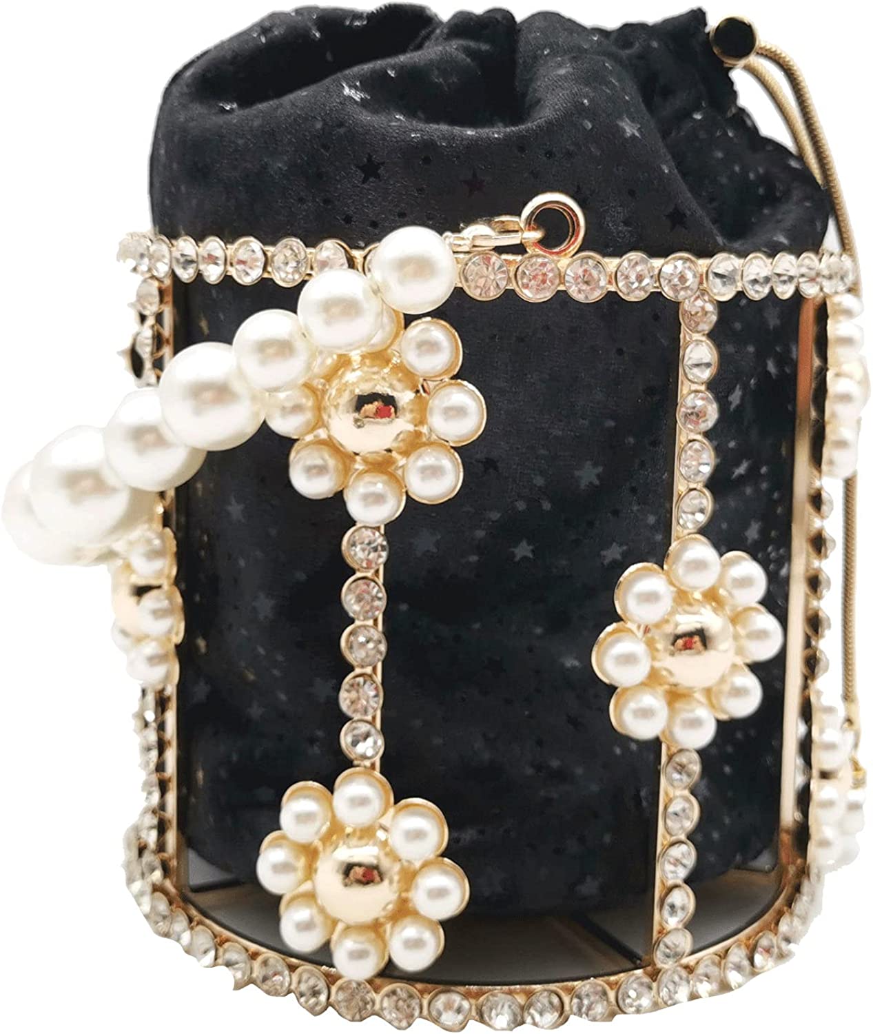 Synthetic Pearl Handle Women Metal Bucket Bag Crystal Evening Purses and Clutches Formal Wedding Handbags | Mix Mix Style [Hot Seller]-Mix MIx Style