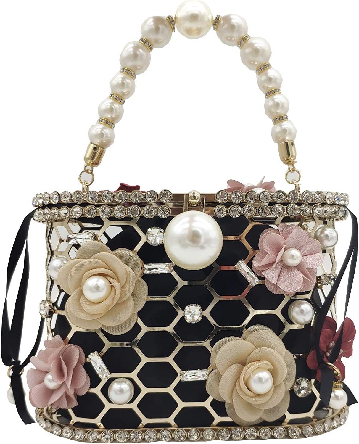 Synthetic Pearl Handle Women Metal Bucket Bag Crystal Evening Purses and Clutches Formal Wedding Handbags | Mix Mix Style [Hot Seller]-Mix MIx Style