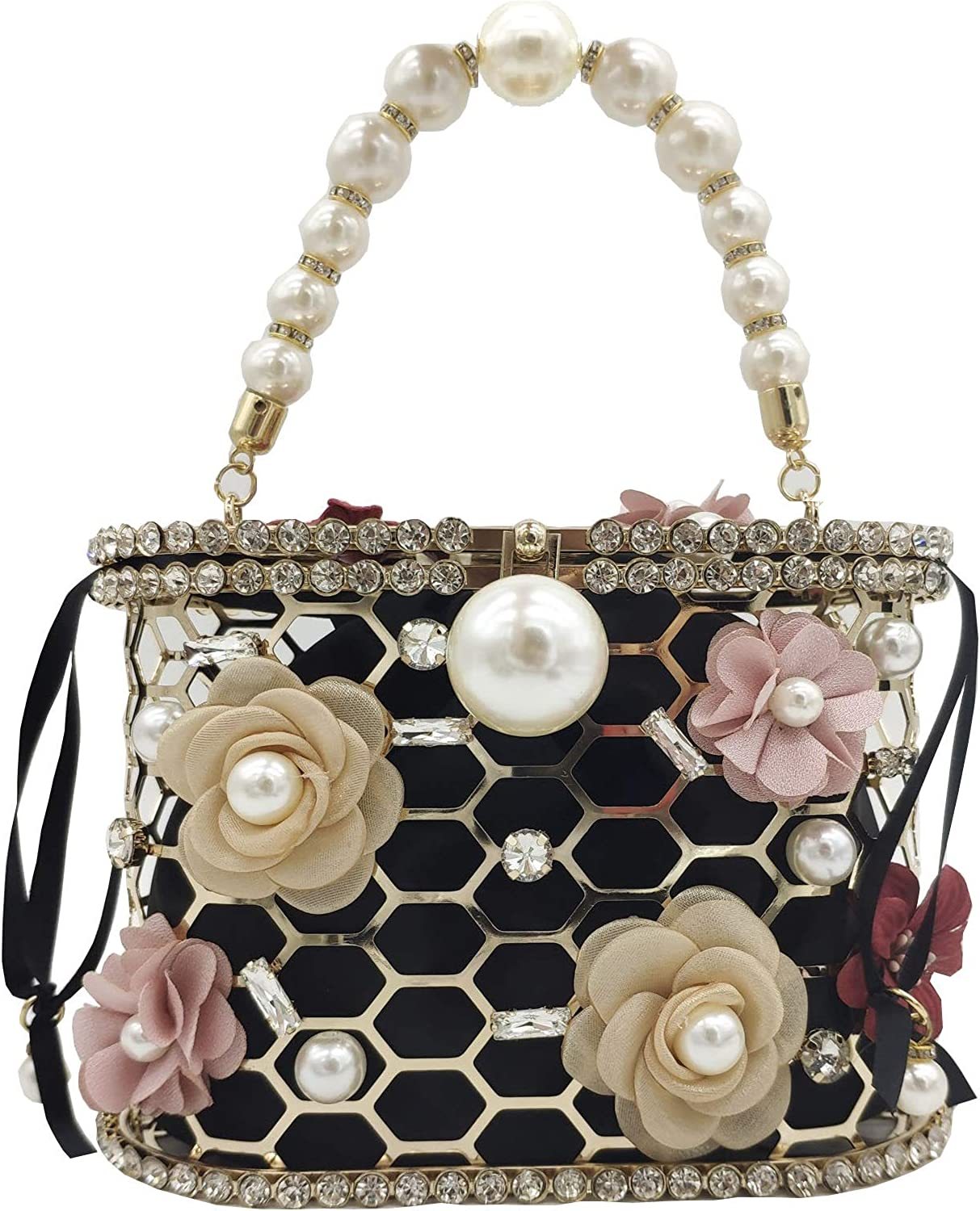 Synthetic Pearl Handle Women Metal Bucket Bag Crystal Evening Purses and Clutches Formal Wedding Handbags | Mix Mix Style [Hot Seller]-Mix MIx Style