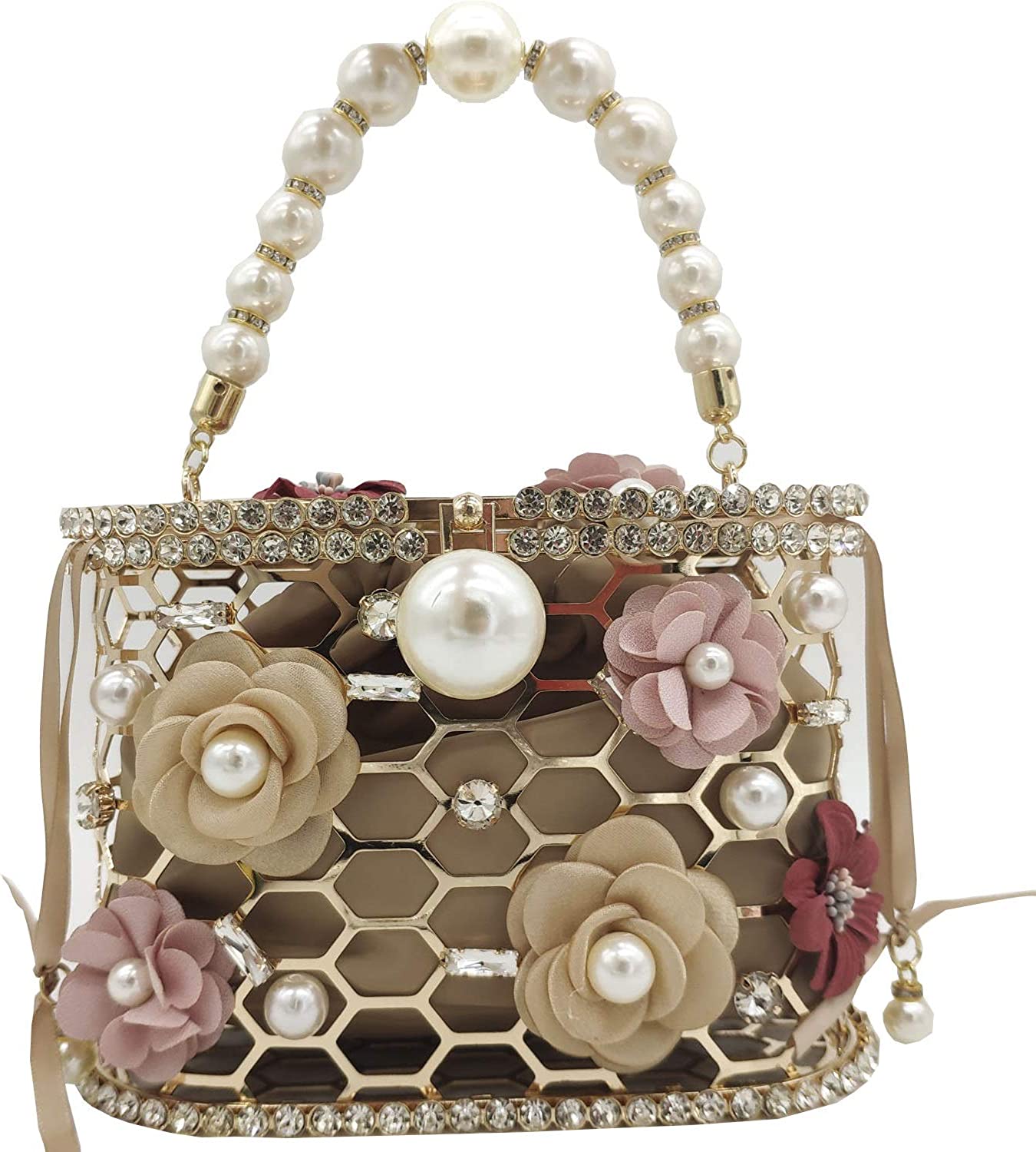 Synthetic Pearl Handle Women Metal Bucket Bag Crystal Evening Purses and Clutches Formal Wedding Handbags | Mix Mix Style [Hot Seller]-Mix MIx Style