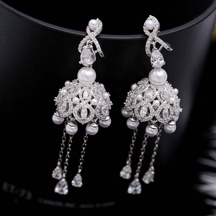 European and American heavy exaggerated earrings S925 sterling silver needle retro wind chime earrings tassel pearl bell earrings female wholesale-Mix MIx Style