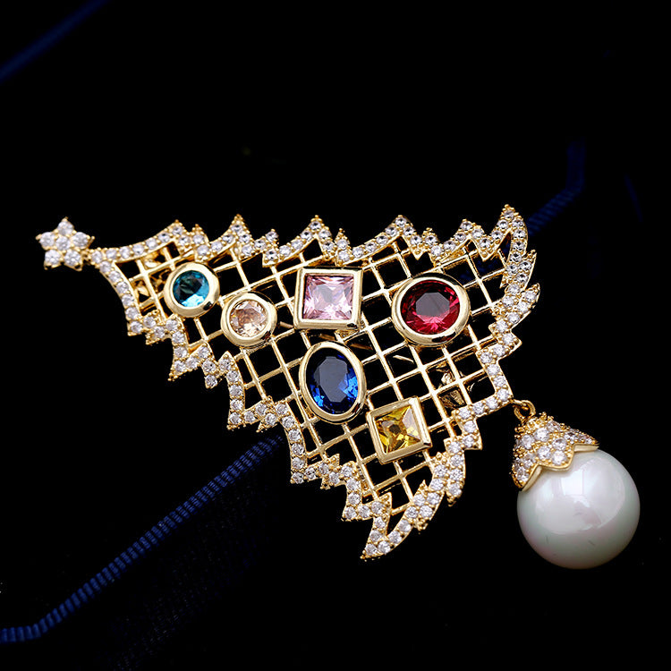 Autumn and winter new pearl series micro-inlaid bright stones, a dual-purpose Christmas tree pine brooch brooch pin accessories-Mix MIx Style