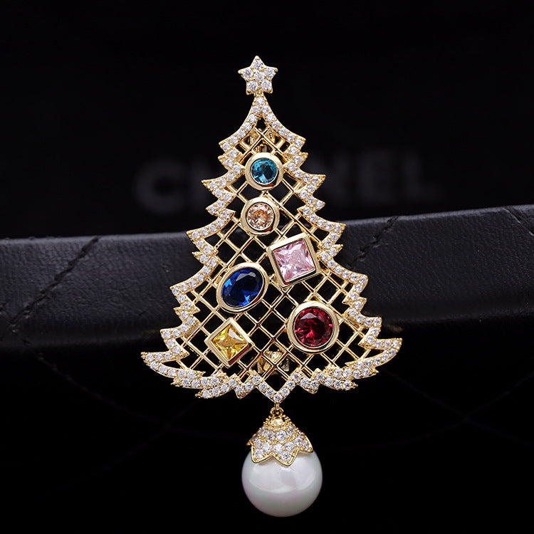 Autumn and winter new pearl series micro-inlaid bright stones, a dual-purpose Christmas tree pine brooch brooch pin accessories-Mix MIx Style