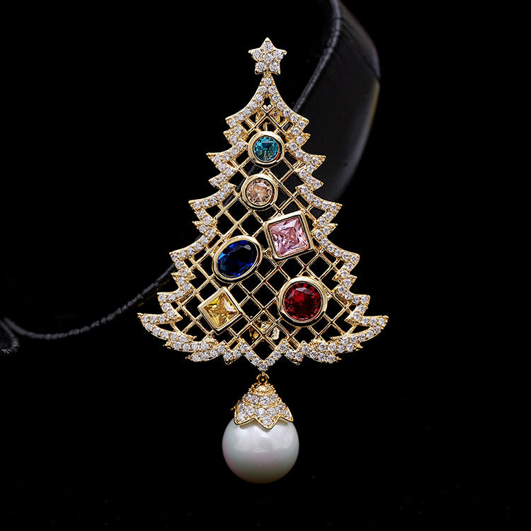 Autumn and winter new pearl series micro-inlaid bright stones, a dual-purpose Christmas tree pine brooch brooch pin accessories-Mix MIx Style