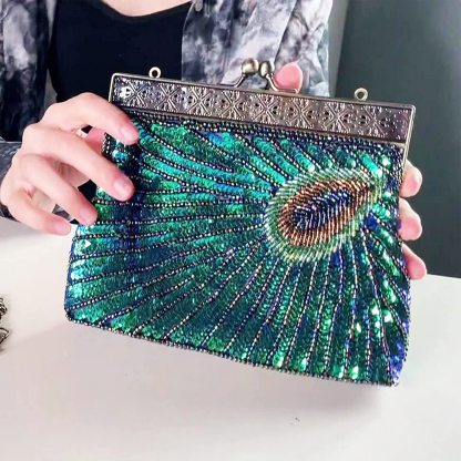Vintage Sequin Peacock Clutch Bag, Antique Beaded Evening Handbag Clutch Bags, Turquoise Eye Clutches Bag  | Mix Mix Style [Hot Seller]-Mix MIx Style