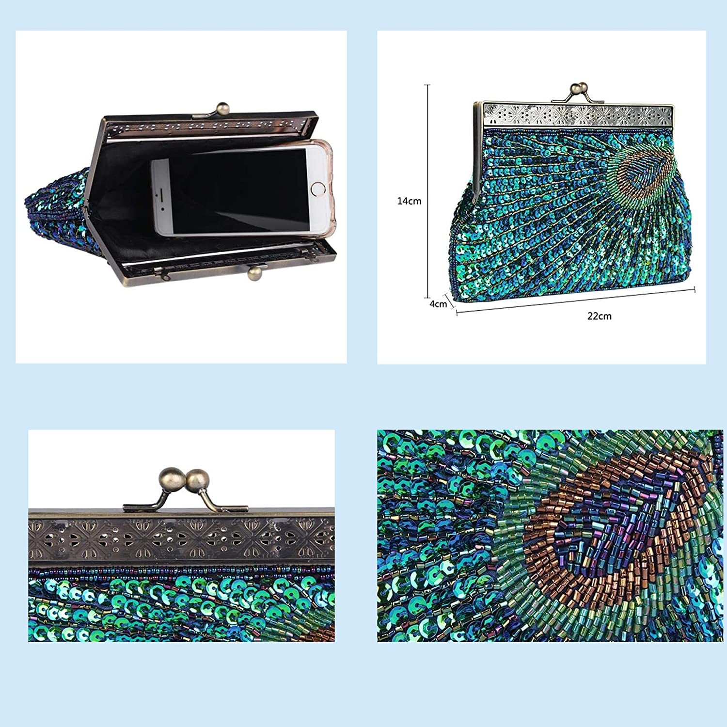 Vintage Sequin Peacock Clutch Bag, Antique Beaded Evening Handbag Clutch Bags, Turquoise Eye Clutches Bag  | Mix Mix Style [Hot Seller]-Mix MIx Style