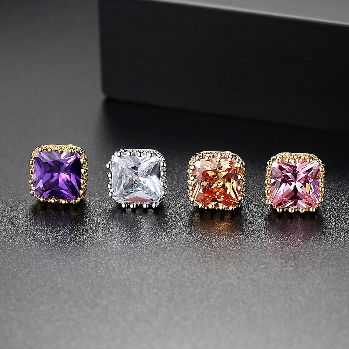 Dainty Pink - Purple -Red Cushion Moissanite Diamonds Elegant 18k Vermeil Gold Plated Vintage Retro Stud Earrings | Mix Mix Style-Mix MIx Style