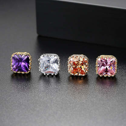 Dainty Pink - Purple -Red Cushion Moissanite Diamonds Elegant 18k Vermeil Gold Plated Vintage Retro Stud Earrings | Mix Mix Style-Mix MIx Style