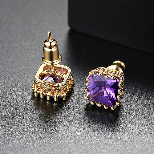 Dainty Pink - Purple -Red Cushion Moissanite Diamonds Elegant 18k Vermeil Gold Plated Vintage Retro Stud Earrings | Mix Mix Style-Mix MIx Style