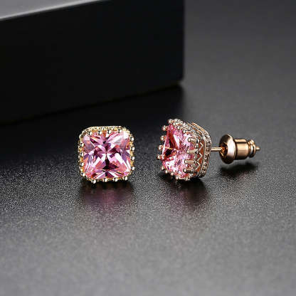 Dainty Pink - Purple -Red Cushion Moissanite Diamonds Elegant 18k Vermeil Gold Plated Vintage Retro Stud Earrings | Mix Mix Style-Mix MIx Style