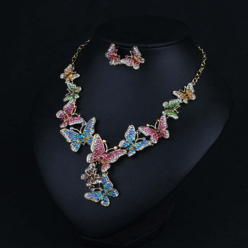 Multicolor Butteflies Retro Classic Pendant Full Diamonds Luxurious 18k Gold Plated Necklace & Earrings Jewelry Set | Mix Mix Style-Mix MIx Style