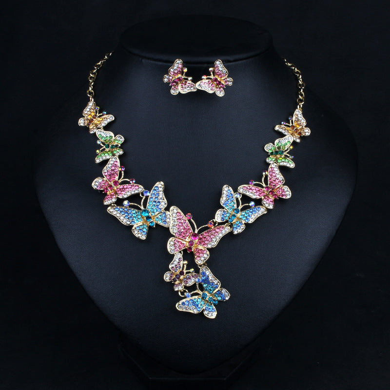 Multicolor Butteflies Retro Classic Pendant Full Diamonds Luxurious 18k Gold Plated Necklace & Earrings Jewelry Set | Mix Mix Style-Mix MIx Style