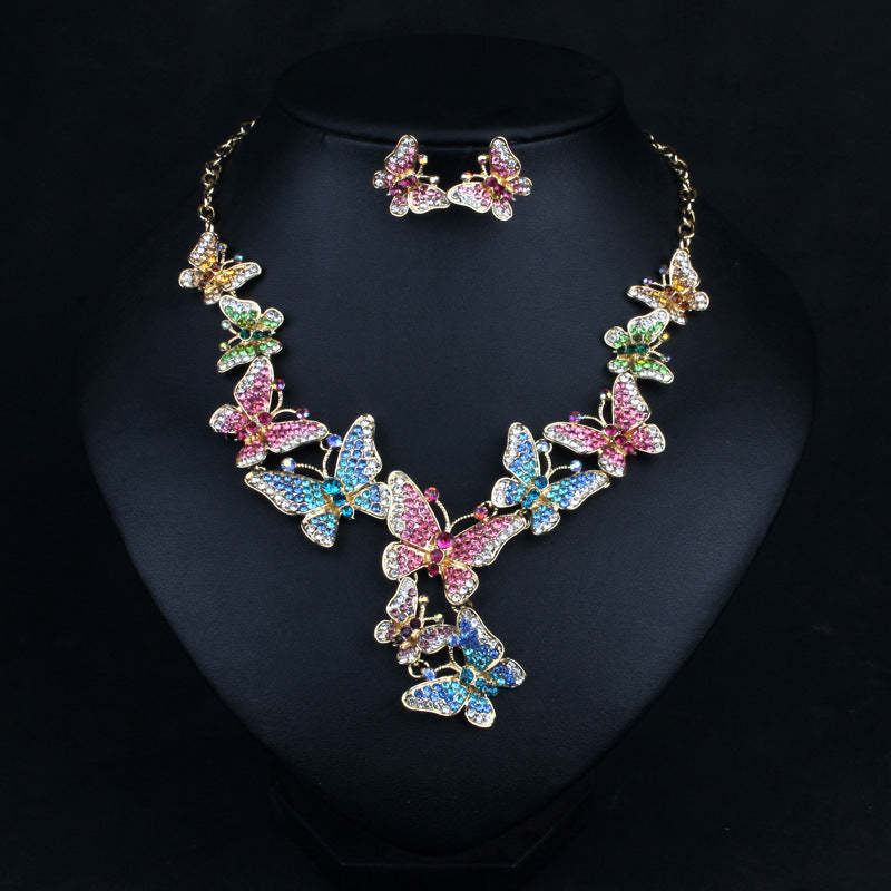 Multicolor Butteflies Retro Classic Pendant Full Diamonds Luxurious 18k Gold Plated Necklace & Earrings Jewelry Set | Mix Mix Style-Mix MIx Style