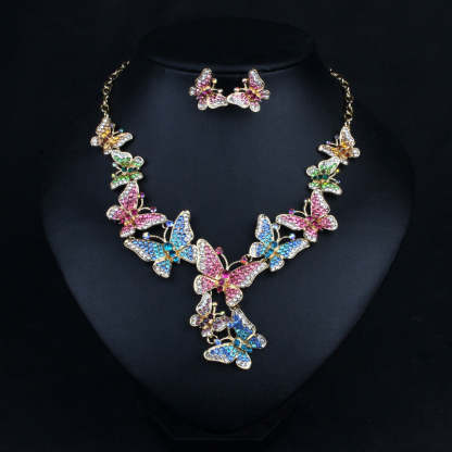 Multicolor Butteflies Retro Classic Pendant Full Diamonds Luxurious 18k Gold Plated Necklace & Earrings Jewelry Set | Mix Mix Style-Mix MIx Style