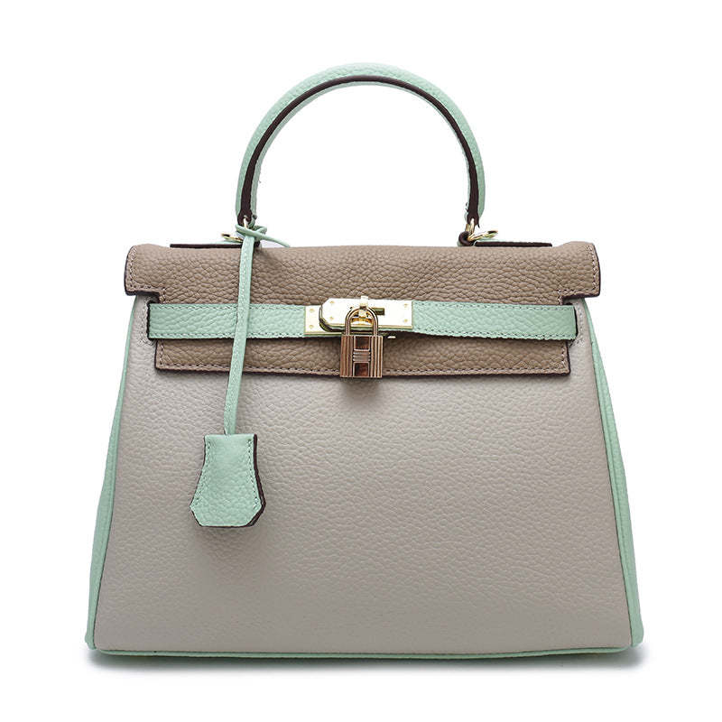 2024 new handbag color matching lychee pattern Kelly bag genuine leather women's bag high-quality first layer cowhide shoulder crossbody bag-Mix MIx Style