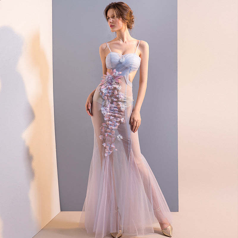 Blue gradient strappy backless 3D flowers chiffon prom party maxi dres