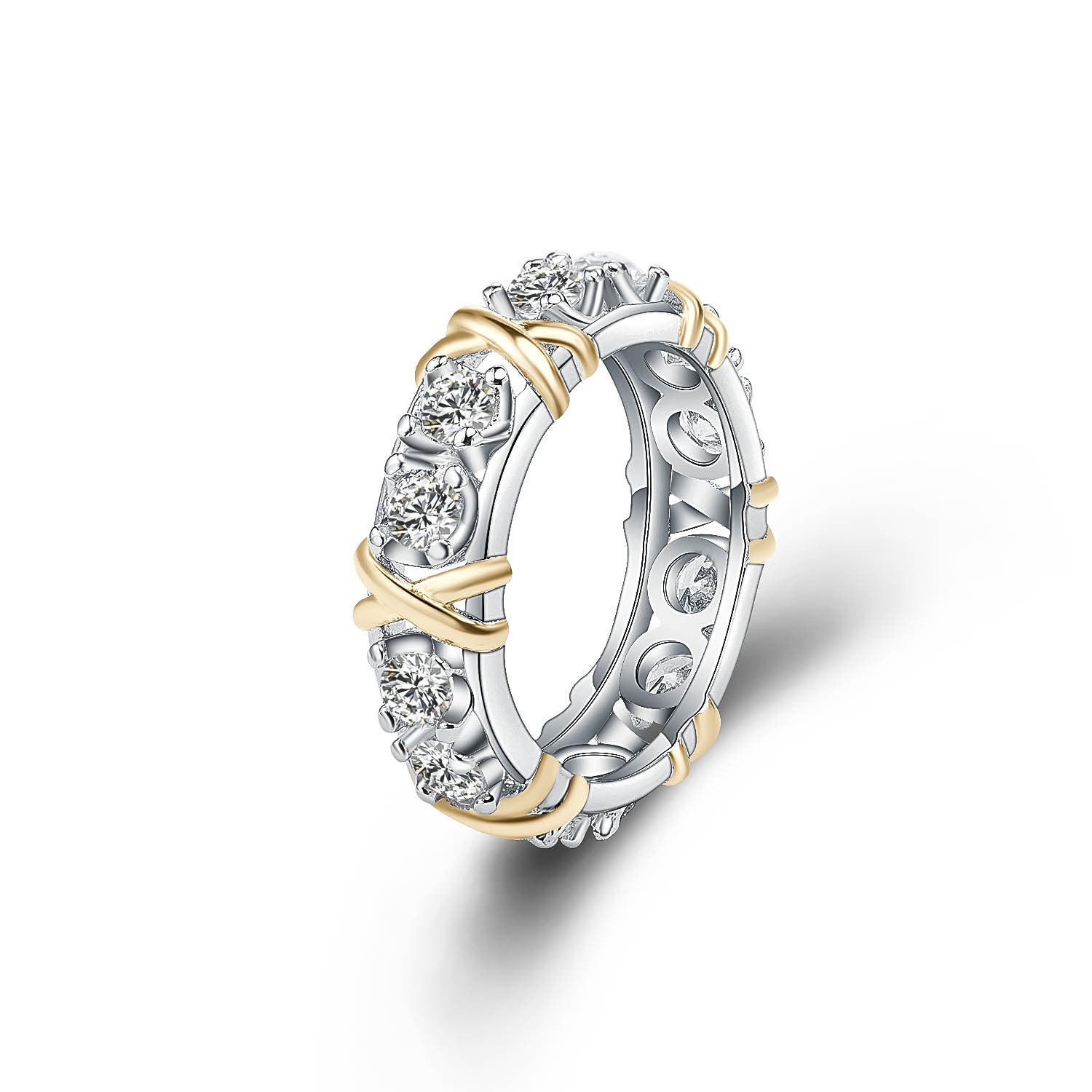 Silver & Gold Antique Band Round Diamonds Dainty 18k White Gold Plated Ring Jewelry | Mix Mix Style-Mix MIx Style