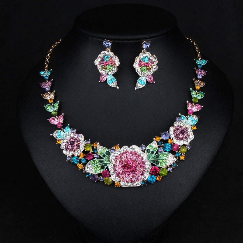 Flowers Multicolor Vintage Pendant Full Diamonds Luxury 18k Gold Plated Necklace Earrings Jewelry Set | Mix Mix Style-Mix MIx Style