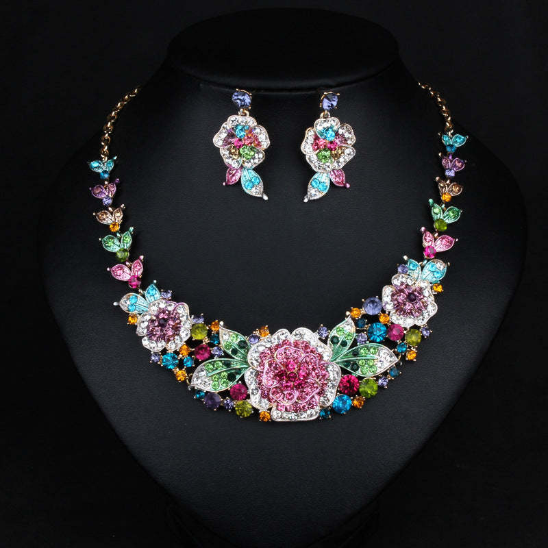 Flowers Multicolor Vintage Pendant Full Diamonds Luxury 18k Gold Plated Necklace Earrings Jewelry Set | Mix Mix Style-Mix MIx Style