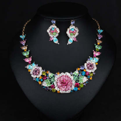 Flowers Multicolor Vintage Pendant Full Diamonds Luxury 18k Gold Plated Necklace Earrings Jewelry Set | Mix Mix Style-Mix MIx Style
