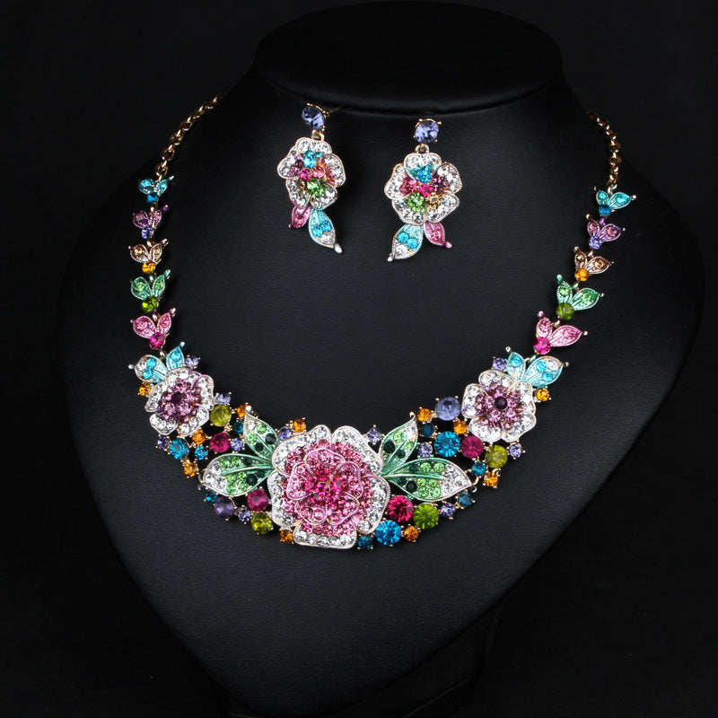 Flowers Multicolor Vintage Pendant Full Diamonds Luxury 18k Gold Plated Necklace Earrings Jewelry Set | Mix Mix Style-Mix MIx Style