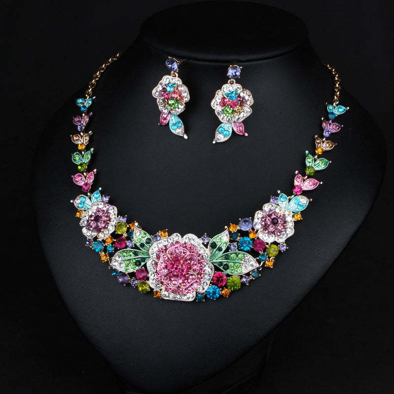 Flowers Multicolor Vintage Pendant Full Diamonds Luxury 18k Gold Plated Necklace Earrings Jewelry Set | Mix Mix Style-Mix MIx Style