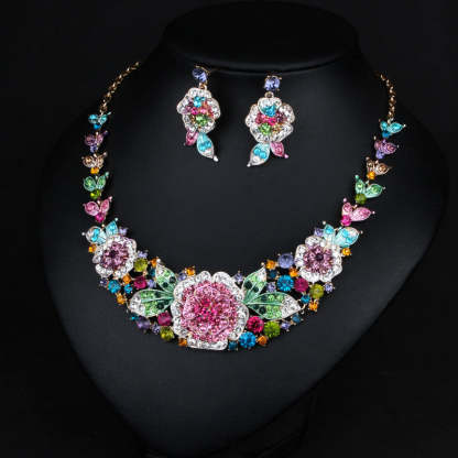 Flowers Multicolor Vintage Pendant Full Diamonds Luxury 18k Gold Plated Necklace Earrings Jewelry Set | Mix Mix Style-Mix MIx Style