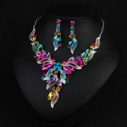 Geometric Vintage Multicolor Diamonds Luxury 18k Gold Plated Necklace & Drop Earrings Jewelry Set | Mix Mix Style-Mix MIx Style