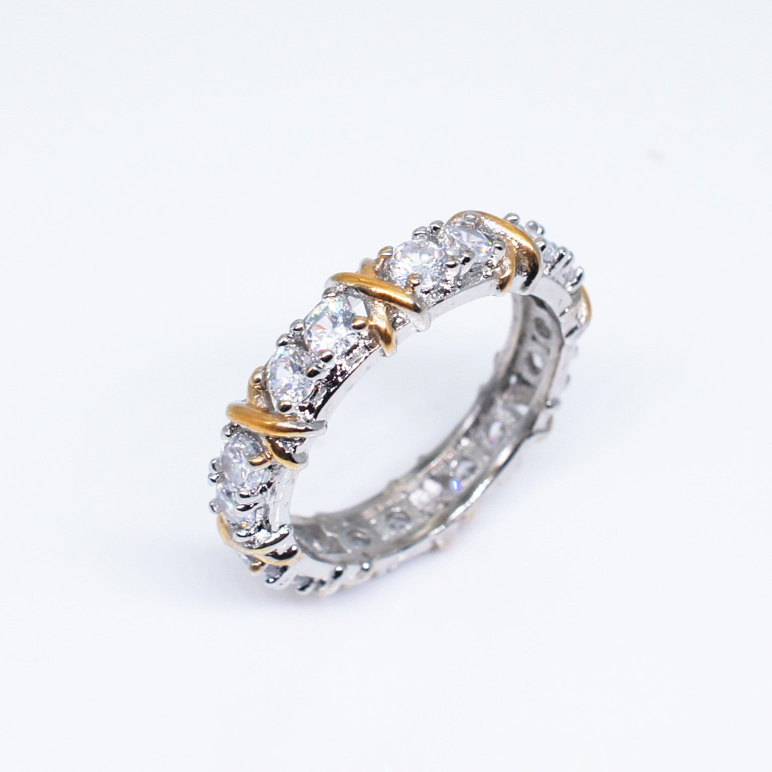 Silver & Gold Antique Band Round Diamonds Dainty 18k White Gold Plated Ring Jewelry | Mix Mix Style-Mix MIx Style