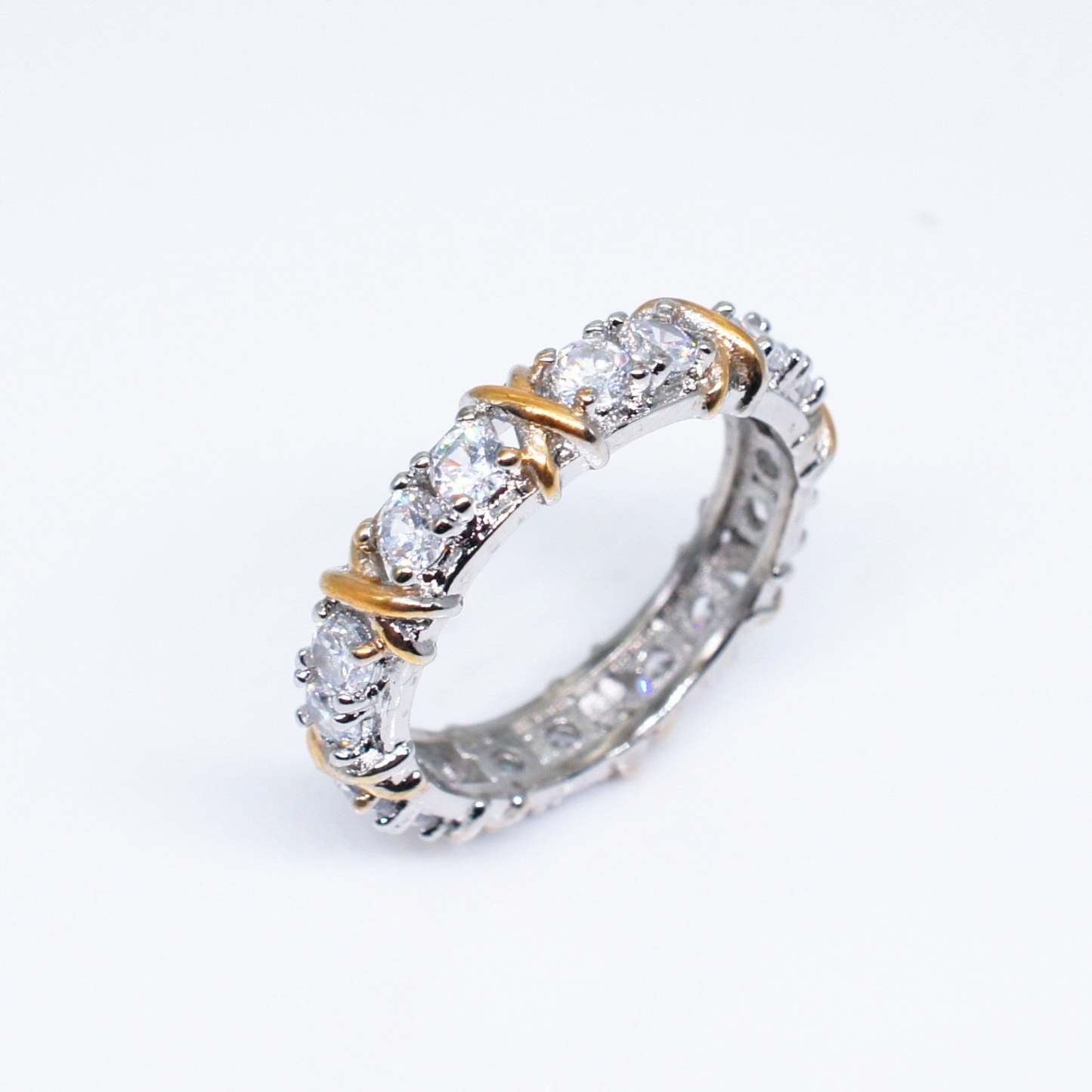Silver & Gold Antique Band Round Diamonds Dainty 18k White Gold Plated Ring Jewelry | Mix Mix Style-Mix MIx Style