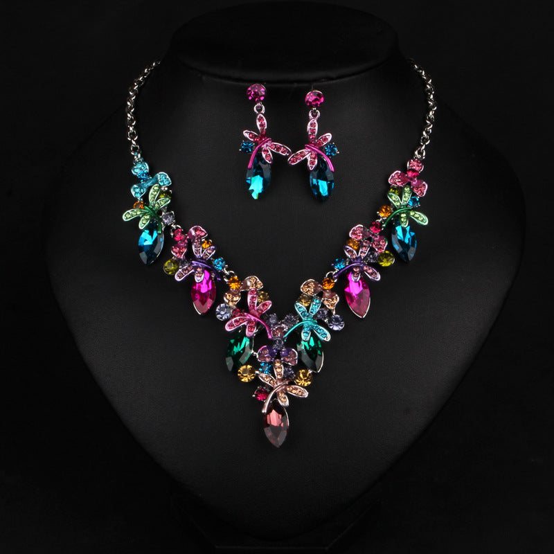 Vintage Multicolor Retro Oval Diamonds Luxurious 18k Gold Plated Necklace Earrings Jewelry Set | Mix Mix Style-Mix MIx Style