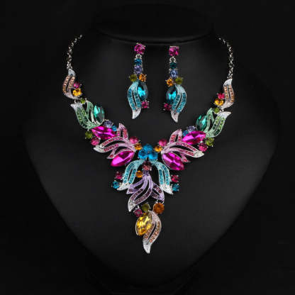 Geometric Vintage Multicolor Diamonds Luxury 18k Gold Plated Necklace & Drop Earrings Jewelry Set | Mix Mix Style-Mix MIx Style